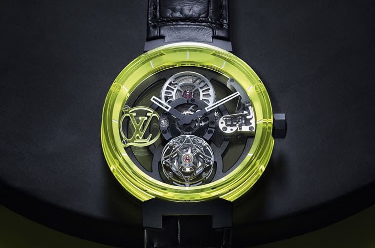 路易威登Tambour Moon飛行陀飛輪日內(nèi)瓦印記手表新增綠色與黃色藍(lán)寶石版本